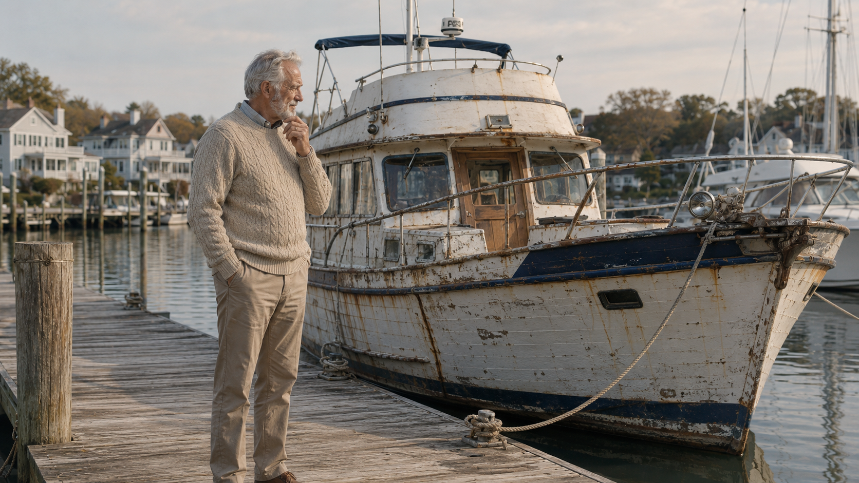 Älterer Herr steht nachdenklich auf einem Holzsteg vor seiner verwitterten, vererbten Yacht