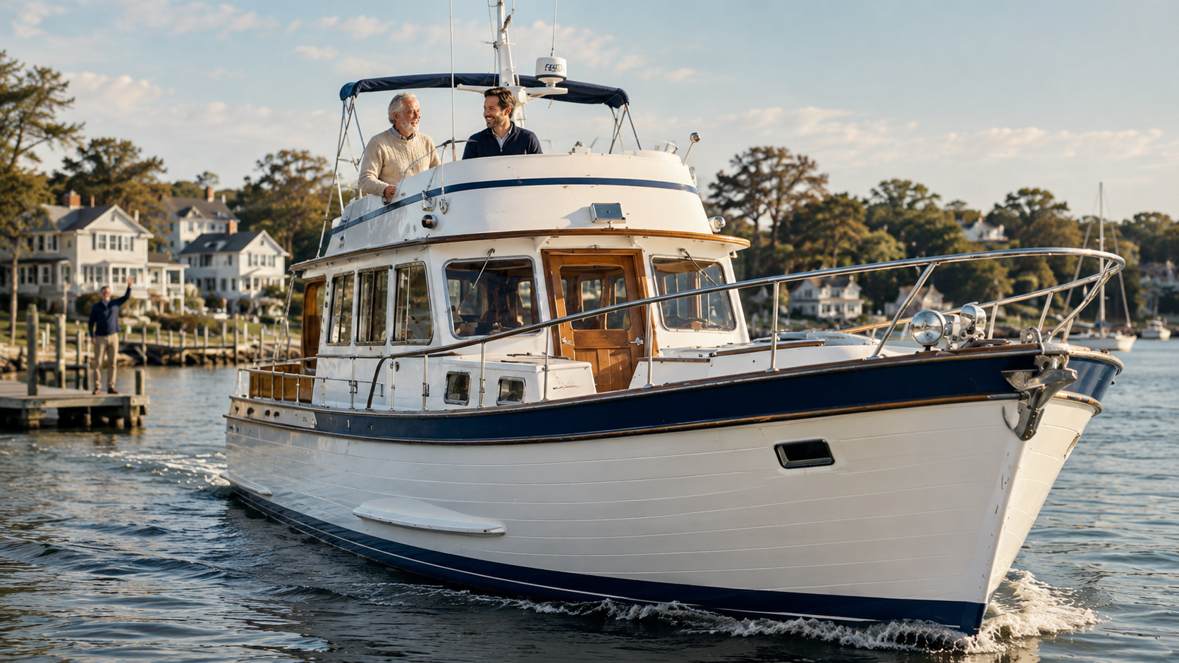 Die restaurierte weiß-blaue Yacht fährt bei Sonnenschein über das Wasser, Eigner stehen lachend an Deck