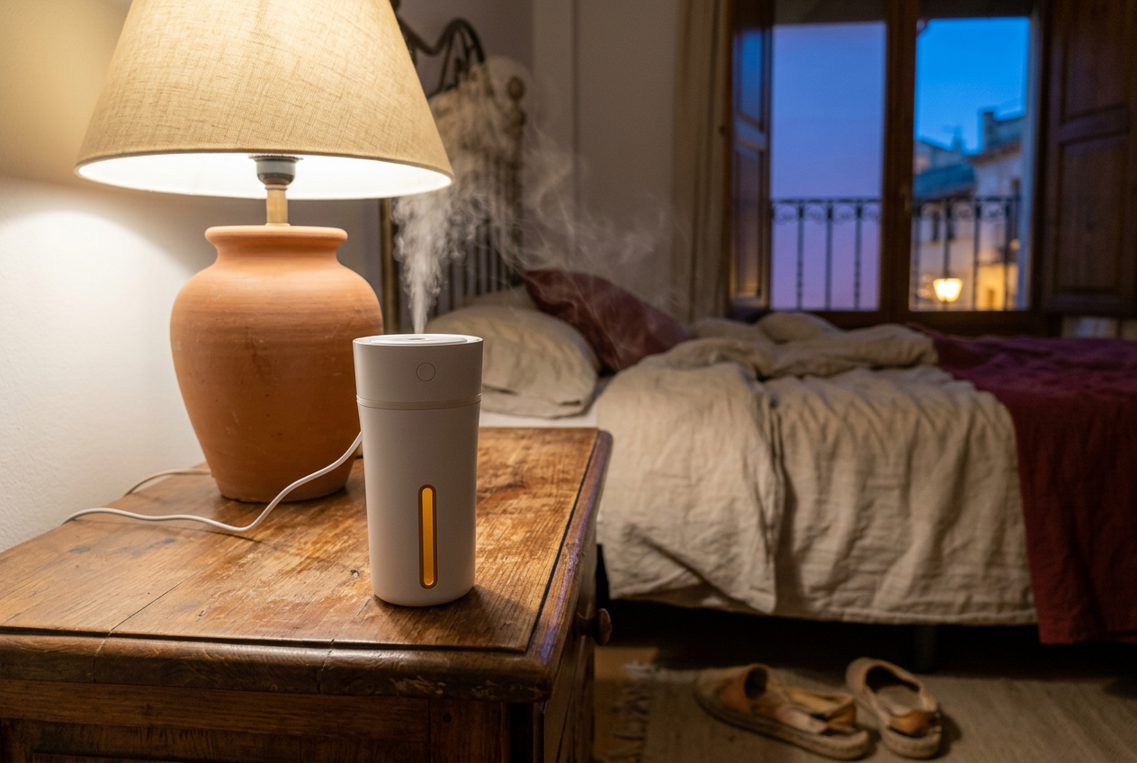 El humidificador AirMoisturize Max encendido sobre la mesilla de noche de un dormitorio