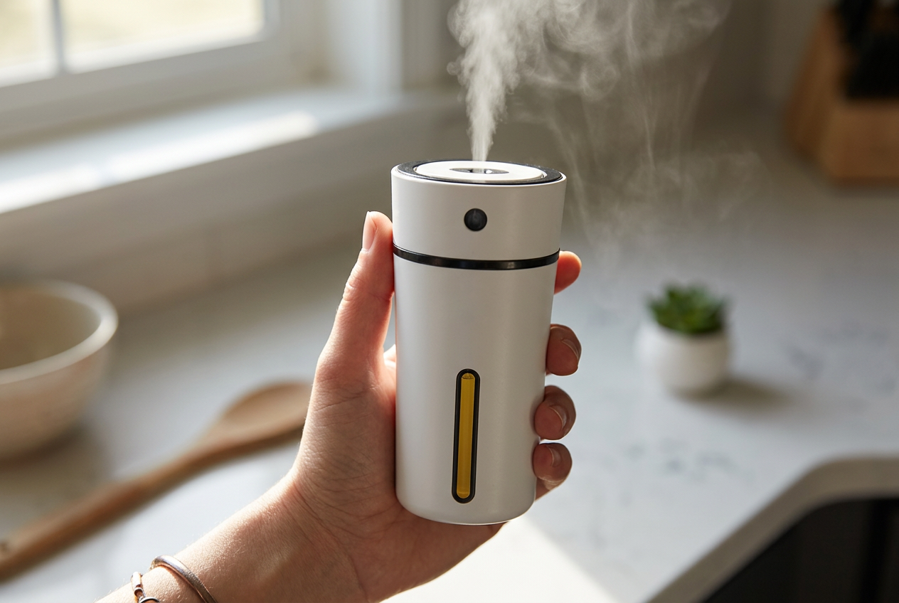 El humidificador sostenido en la mano para mostrar su tamaño compacto
